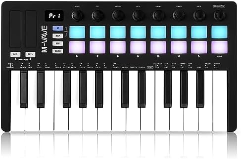 M VAVE 25 Key USB MIDI Keyboard Controller With 8 Backlit Drum Pads  Bluetooth Semi Weighted Professional dynamic keybed 8 Knobs and Music Production Software Included  Black