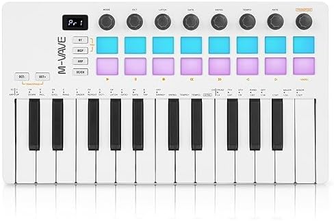 M VAVE 25 Key USB MIDI Keyboard Controller With 8 Backlit Drum Pads  Bluetooth Semi Weighted Professional dynamic keybed 8 Knobs and Music Production Software Included  Black