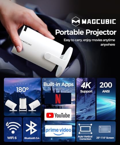 Magcubic HY300PRO Mini Projector with WiFi and Bluetooth  4K Support 200ANSl Smart Portable Projector  AutoKeystone  180  Rotation  Home Video Proyector for Home  Bedroom  Outdoor Android 14