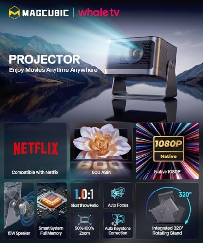 Magcubic Mini Projector with WiFi and Bluetooth  600ANSI Native 1080P Projector  Compatible with Netflix  Auto Focus & Vertical Keystone  15W Speaker HY350NTV Smart Proyector for Movie Home Outdoor