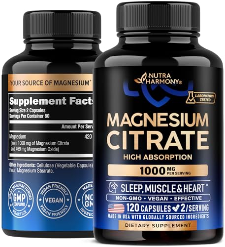 Cápsulas de citrato de magnesio de 1000 mg | Suplemento de alta absorción - Soporte para dormir, músculos y corazón - Vegano | Sin OMG - Fabricado en Estados Unidos - Como polvo | Pastillas | Tabletas