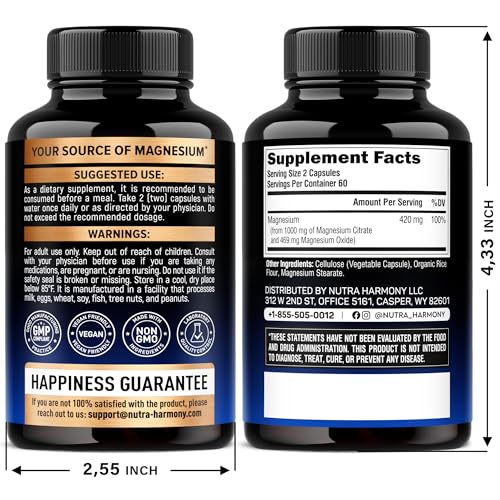 Cápsulas de citrato de magnesio de 1000 mg | Suplemento de alta absorción - Soporte para dormir, músculos y corazón - Vegano | Sin OMG - Fabricado en Estados Unidos - Como polvo | Pastillas | Tabletas