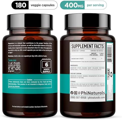 Magnesium Citrate Powder Capsules 400mg   180 Count Veg Caps   PhiNaturals Supplements   Nervous System Support and Enzyme Function