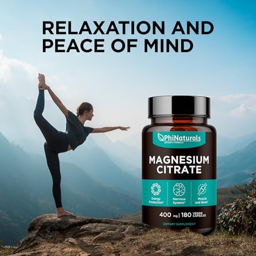 Magnesium Citrate Powder Capsules 400mg   180 Count Veg Caps   PhiNaturals Supplements   Nervous System Support and Enzyme Function