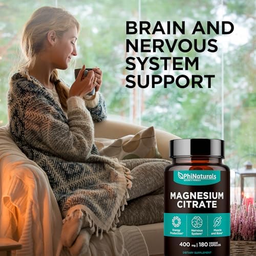 Magnesium Citrate Powder Capsules 400mg   180 Count Veg Caps   PhiNaturals Supplements   Nervous System Support and Enzyme Function