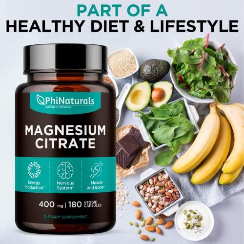Magnesium Citrate Powder Capsules 400mg   180 Count Veg Caps   PhiNaturals Supplements   Nervous System Support and Enzyme Function