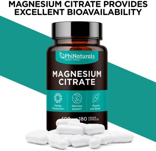 Magnesium Citrate Powder Capsules 400mg   180 Count Veg Caps   PhiNaturals Supplements   Nervous System Support and Enzyme Function