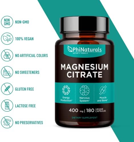 Magnesium Citrate Powder Capsules 400mg   180 Count Veg Caps   PhiNaturals Supplements   Nervous System Support and Enzyme Function