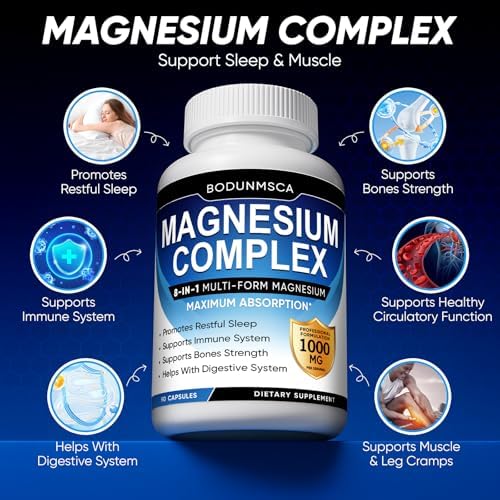 Magnesium Complex 1000mg  8 in 1 Magnesium Supplement Capsules with Glycinate  Citrate  Malate & Taurate  Supports Muscle  Bone  Energy & Daily Wellness  for Women & Men  180 Capsules