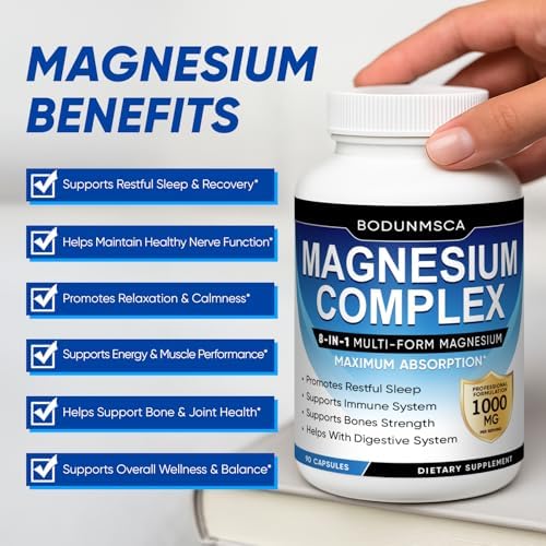 Magnesium Complex 1000mg  8 in 1 Magnesium Supplement Capsules with Glycinate  Citrate  Malate & Taurate  Supports Muscle  Bone  Energy & Daily Wellness  for Women & Men  180 Capsules