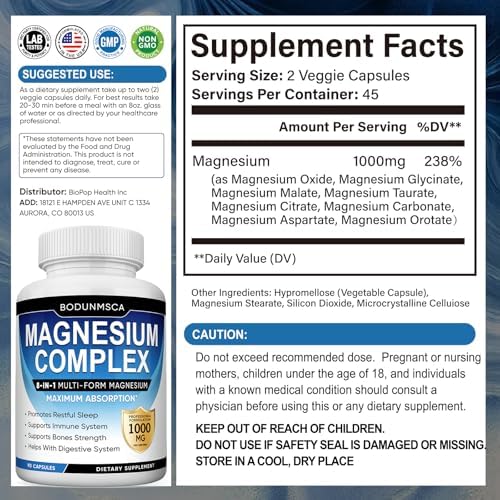Magnesium Complex 1000mg  8 in 1 Magnesium Supplement Capsules with Glycinate  Citrate  Malate & Taurate  Supports Muscle  Bone  Energy & Daily Wellness  for Women & Men  180 Capsules