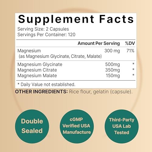Magnesium Complex 1 000mg  240 Capsules   Triple Magnesium Complex with Glycinate  Citrate  Malate   Chelated & Purified   Bone  Heart & Muscle Support   Non GMO