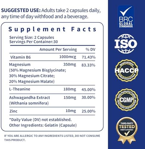 Magnesium Complex Supplement 60 Capsules with Glycinate L Theanine Ashwagandha & Zinc  Vegan   30 Servings