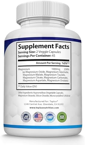 Magnesium Complex Supplement 8 Elemental 1000mg   Magnesium Glycinate  Citrate  Malate  Taurate  Chelated for Easy Absorption for Bones  Muscle  Recovery  Energy  Vegan Non GMO 90 Capsules