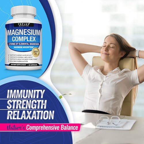 Magnesium Complex Supplement 8 Elemental 1000mg   Magnesium Glycinate  Citrate  Malate  Taurate  Chelated for Easy Absorption for Bones  Muscle  Recovery  Energy  Vegan Non GMO 90 Capsules