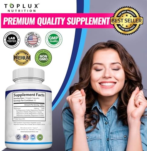 Magnesium Complex Supplement 8 Elemental 1000mg   Magnesium Glycinate  Citrate  Malate  Taurate  Chelated for Easy Absorption for Bones  Muscle  Recovery  Energy  Vegan Non GMO 90 Capsules