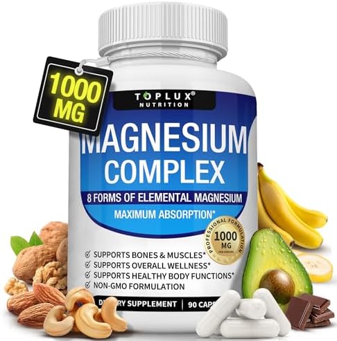 Magnesium Complex Supplement 8 Elemental 1000mg   Magnesium Glycinate  Citrate  Malate  Taurate  Chelated for Easy Absorption for Bones  Muscle  Recovery  Energy  Vegan Non GMO 90 Capsules