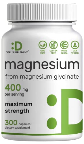 Glicinato de magnesio 400 mg, 300 cápsulas | 100% quelado para una fácil absorción | Suplemento mineral esencial para la salud muscular, el sueño y el corazón