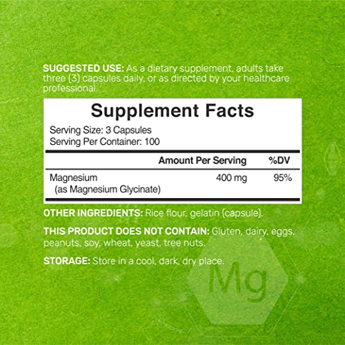 Glicinato de magnesio 400 mg, 300 cápsulas | 100% quelado para una fácil absorción | Suplemento mineral esencial para la salud muscular, el sueño y el corazón