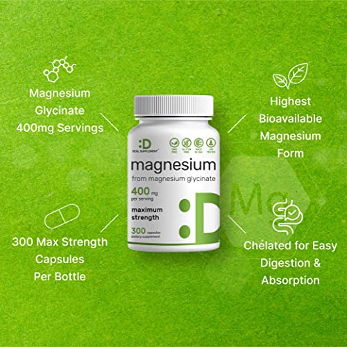 Glicinato de magnesio 400 mg, 300 cápsulas | 100% quelado para una fácil absorción | Suplemento mineral esencial para la salud muscular, el sueño y el corazón