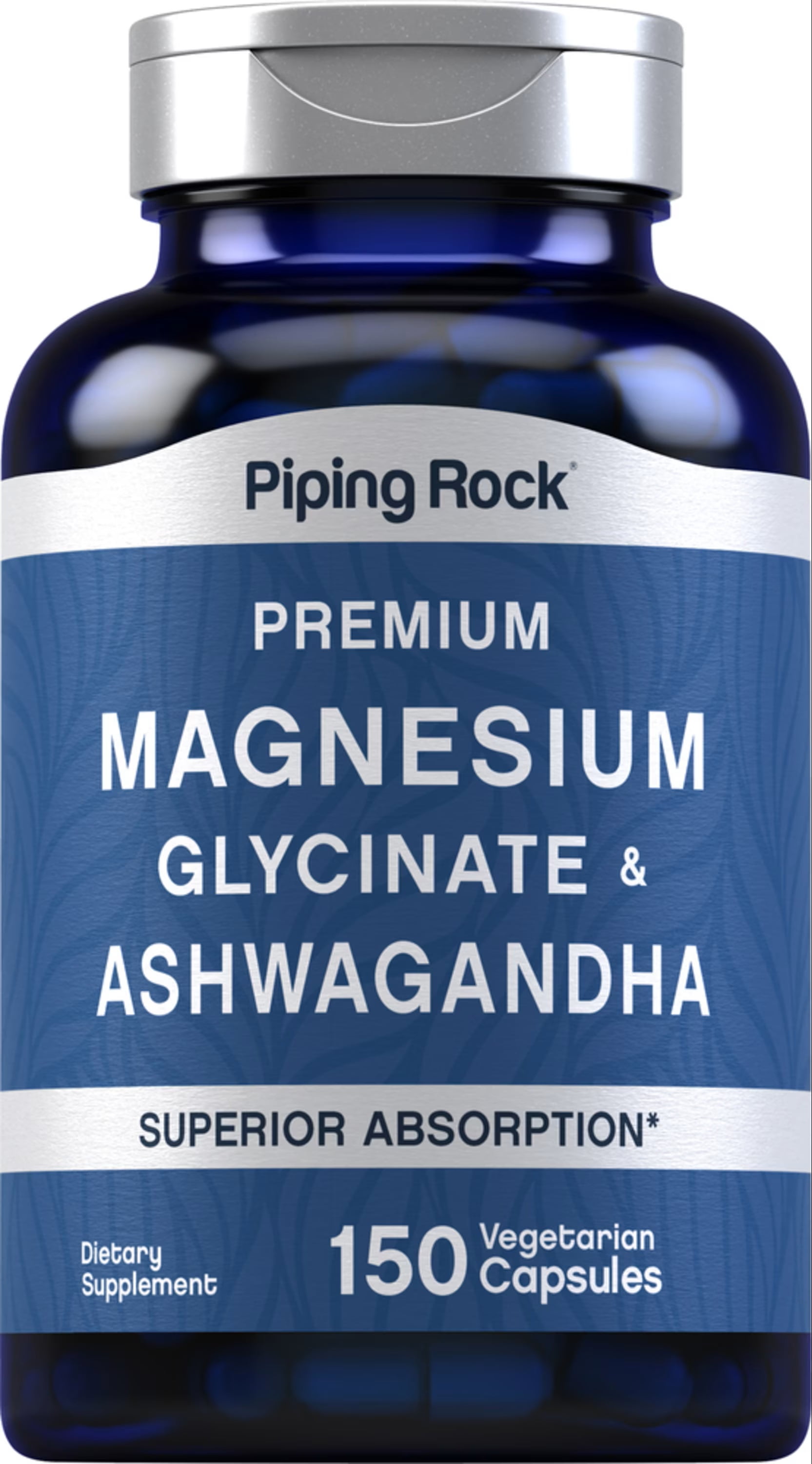 Magnesium Glycinate and Ashwagandha   150 Capsules   Vegetarian Supplement   Non GMO  Gluten Free   by Piping Rock