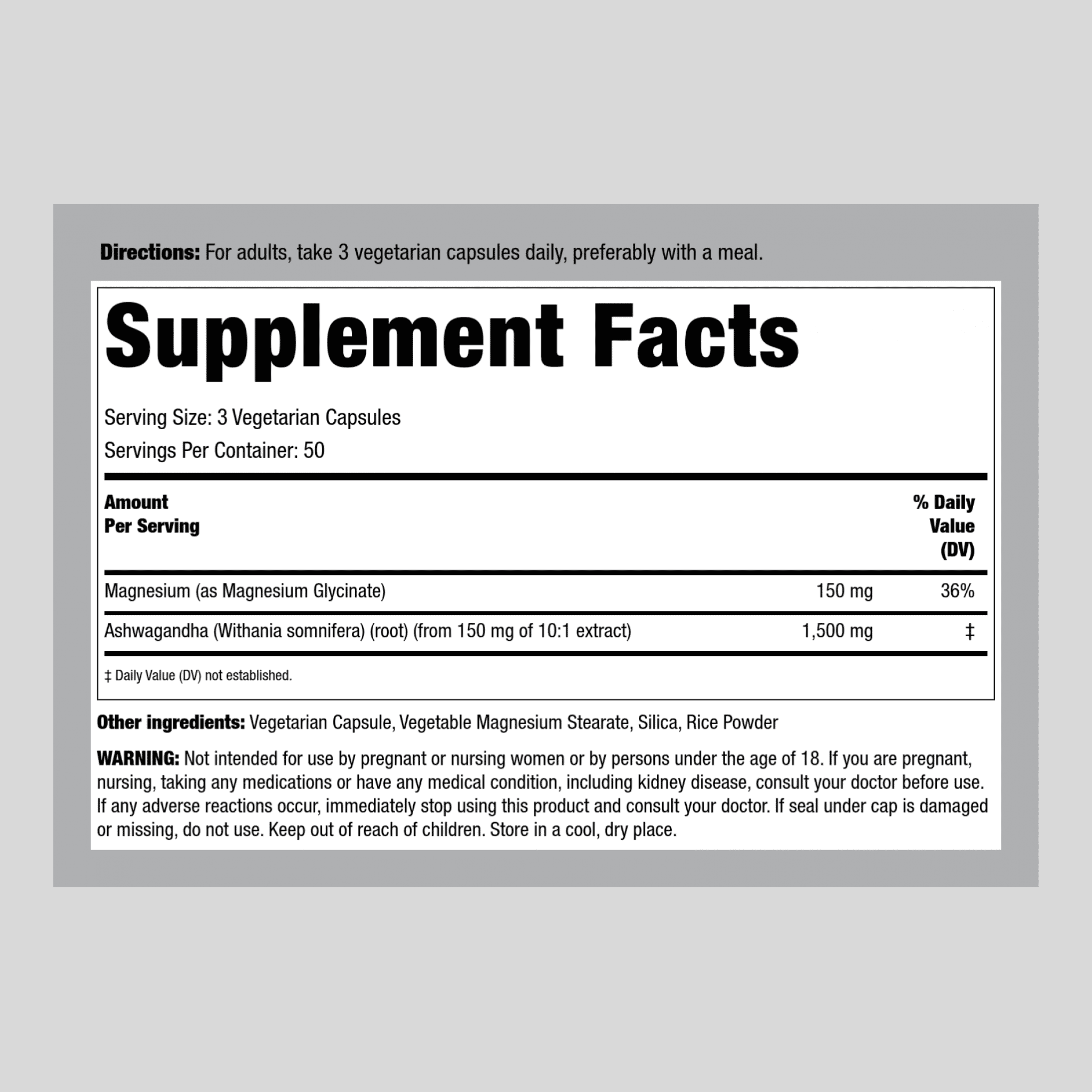 Magnesium Glycinate and Ashwagandha   150 Capsules   Vegetarian Supplement   Non GMO  Gluten Free   by Piping Rock