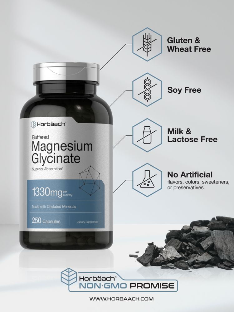 Magnesium Glycinate 1330mg   250 Capsules   Buffered and Chelated   by Horbaach