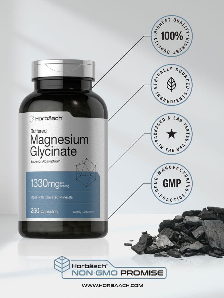 Magnesium Glycinate 1330mg   250 Capsules   Buffered and Chelated   by Horbaach