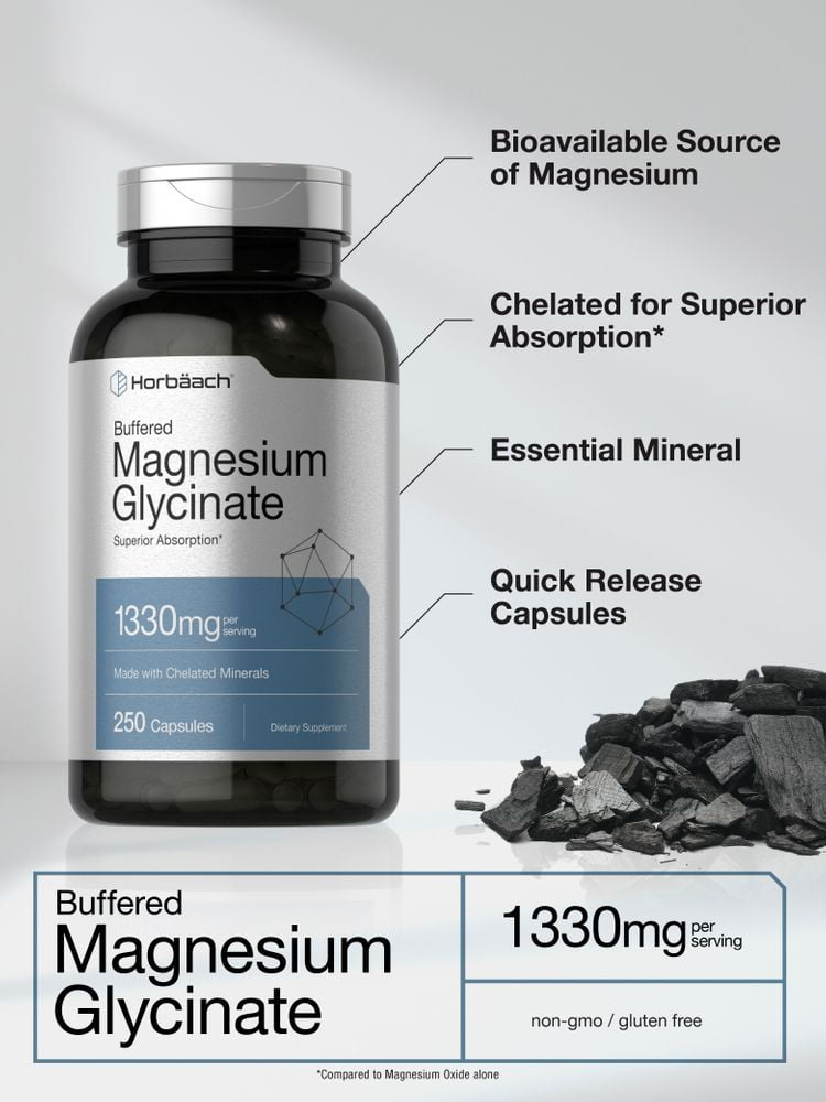 Magnesium Glycinate 1330mg   250 Capsules   Buffered and Chelated   by Horbaach
