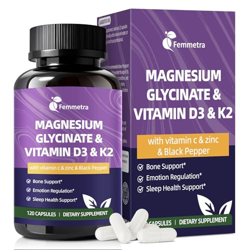 Magnesium Glycinate 600mg Vitamin D3 K2 Supplement with Vitamin C  Zinc  & Aloe Vera   Bone Support  Energy & Mood Manage & Sleep Health for Men & Women  Non GMO  Vegan  120 Capsules