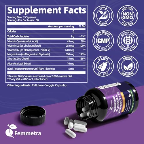 Magnesium Glycinate 600mg Vitamin D3 K2 Supplement with Vitamin C  Zinc  & Aloe Vera   Bone Support  Energy & Mood Manage & Sleep Health for Men & Women  Non GMO  Vegan  120 Capsules