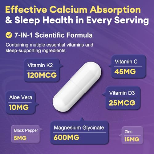 Magnesium Glycinate 600mg Vitamin D3 K2 Supplement with Vitamin C  Zinc  & Aloe Vera   Bone Support  Energy & Mood Manage & Sleep Health for Men & Women  Non GMO  Vegan  120 Capsules