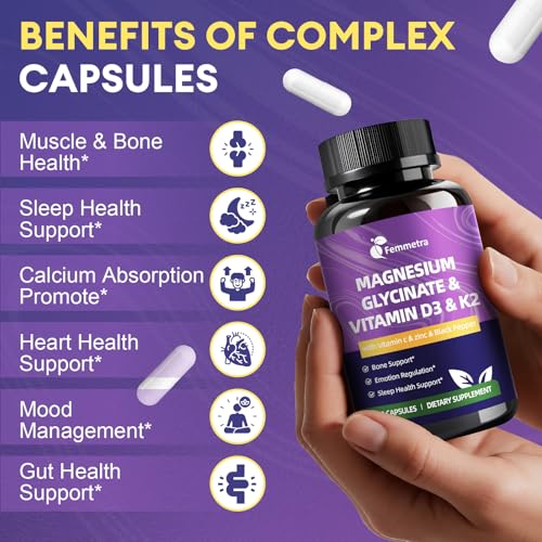 Magnesium Glycinate 600mg Vitamin D3 K2 Supplement with Vitamin C  Zinc  & Aloe Vera   Bone Support  Energy & Mood Manage & Sleep Health for Men & Women  Non GMO  Vegan  120 Capsules