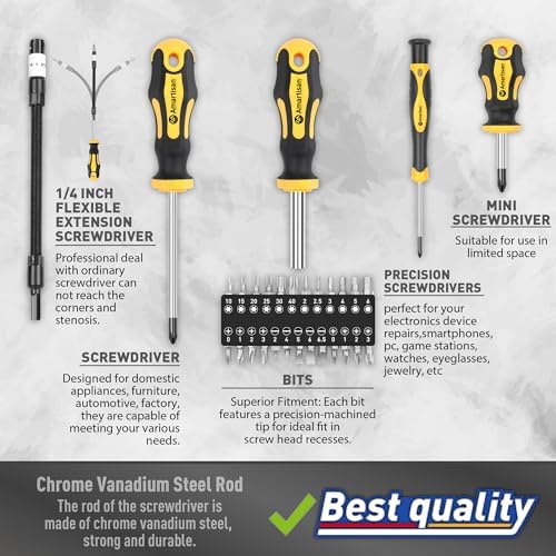 Magnetic Screwdrivers Set with Case  Amartisan 43 piece Includs Slotted  Phillips  Hex  Pozidriv Torx and Precision Screwdriver Set  Magnetizer Demagnetizer Tools  Tools for Men