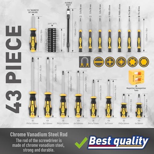 Magnetic Screwdrivers Set with Case  Amartisan 43 piece Includs Slotted  Phillips  Hex  Pozidriv Torx and Precision Screwdriver Set  Magnetizer Demagnetizer Tools  Tools for Men