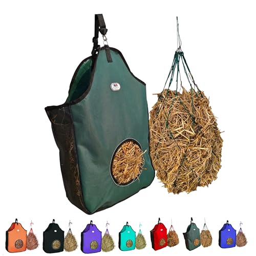 Majestic Ally 1200 D - Bolsa de alimentación de heno para caballos, ovejas con ribete reflectante, reduce los residuos, viene con red de heno de 36 pulgadas. (verde cazador)
