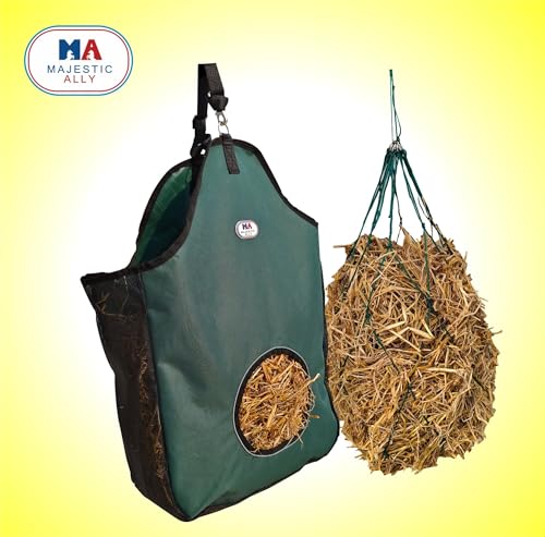 Majestic Ally 1200 D - Bolsa de alimentación de heno para caballos, ovejas con ribete reflectante, reduce los residuos, viene con red de heno de 36 pulgadas. (verde cazador)