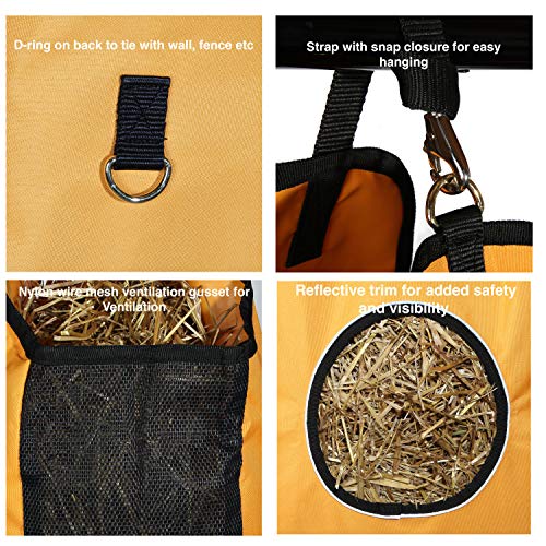Majestic Ally 1200 D - Bolsa de alimentación de heno para caballos, ovejas con ribete reflectante, reduce los residuos, viene con red de heno de 36 pulgadas. (verde cazador)
