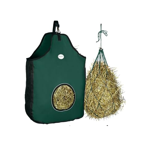 Majestic Ally 1200 D - Bolsa de alimentación de heno para caballos, ovejas con ribete reflectante, reduce los residuos, viene con red de heno de 36 pulgadas. (verde cazador)