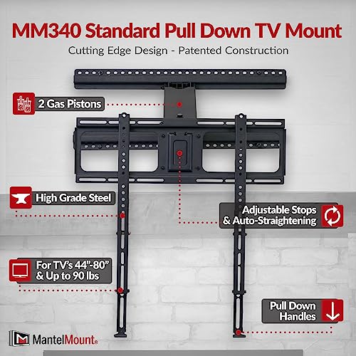 MantelMount  MM340 Above Fireplace Pull Down TV Mount  Televisions 44 to 80 Up to 90 lbs   Safe Auto Adjusting TV Mounts   Patented Motion Stops  Handles  Balancing Technology   Superior Steel