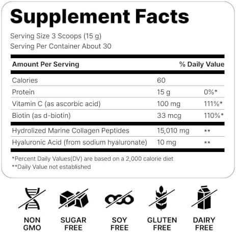 Marine Collagen Peptides   Hydrolyzed Ultra fine Collagen Powder for Women & Men  Hyaluronic Acid  Biotin  Vitamin C  for Skin  Hair  Nails  Joints  Non GMO  Unflavored  Easily Dissolved  16oz