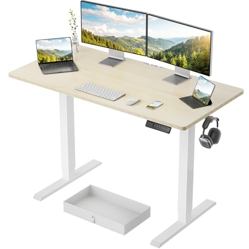 Marsail 48x24 Electric Standing Desk with Drawer  Computer Desk  Sit Stand Office Table with Storage & Hooks & Cable Management  Ergonomic Height Adjustable Table for Home Office  Maple