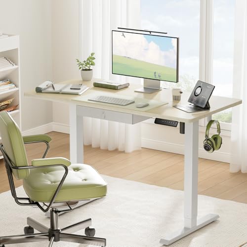 Marsail 48x24 Electric Standing Desk with Drawer  Computer Desk  Sit Stand Office Table with Storage & Hooks & Cable Management  Ergonomic Height Adjustable Table for Home Office  Maple