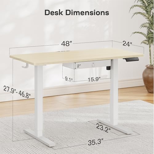 Marsail 48x24 Electric Standing Desk with Drawer  Computer Desk  Sit Stand Office Table with Storage & Hooks & Cable Management  Ergonomic Height Adjustable Table for Home Office  Maple