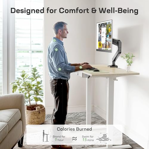 Marsail 48x24 Electric Standing Desk with Drawer  Computer Desk  Sit Stand Office Table with Storage & Hooks & Cable Management  Ergonomic Height Adjustable Table for Home Office  Maple