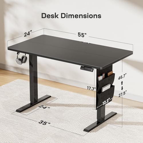 Marsail 55x24 Electric Standing Desk   Adjustable Height Computer Desk with Memory Presets  Storage Bag & Cable Management for Home Office & Gaming Workstations