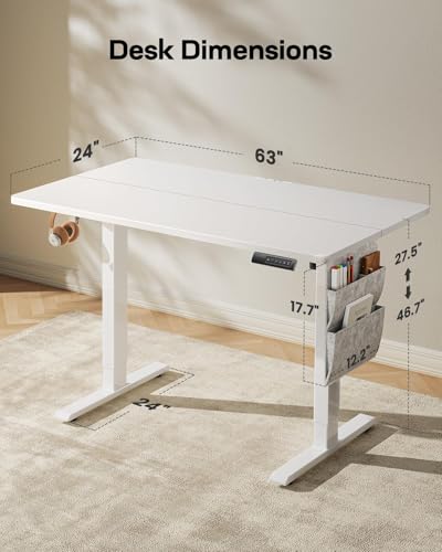 Marsail 63x24 Electric Standing Desk Adjustable Height  Stand up Desk with Storage Bag  for Home Office Computer Desk Memory Preset with Headphone Hook