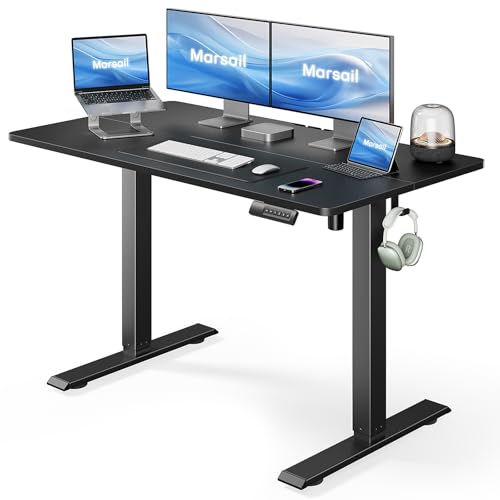Marsail Standing Desk Adjustable Height Stand up Home Office Desk   48x24 Inch Electric Standing Computer Desk  with 4 Memory Presets  Headphone Hook  Cable Organizer  Black