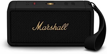 Marshall Middleton Portable Bluetooth Speaker   Rugged Waterproof/Dust proof Design   Loud Stereo Sound  Deep Bass   Compact and Wireless for Travel and Outdoors   Black and Brass