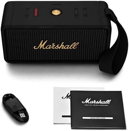 Marshall Middleton Portable Bluetooth Speaker   Rugged Waterproof/Dust proof Design   Loud Stereo Sound  Deep Bass   Compact and Wireless for Travel and Outdoors   Black and Brass